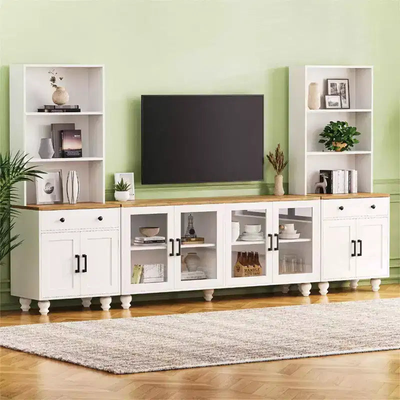 MAYEERTY White Farmhouse TV Stand, Gourd Leg Media Console with Tempered Glass Doors for 70 TVs