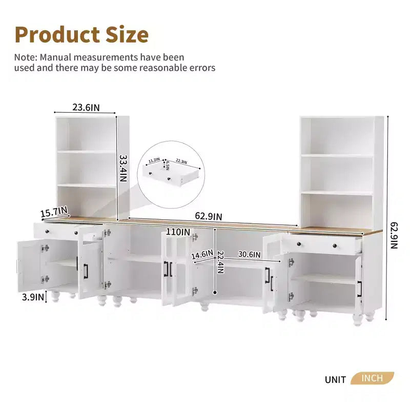 MAYEERTY White Farmhouse TV Stand, Gourd Leg Media Console with Tempered Glass Doors for 70 TVs