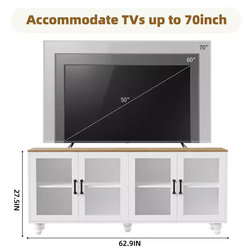 MAYEERTY White Farmhouse TV Stand, Gourd Leg Media Console with Tempered Glass Doors for 70 TVs