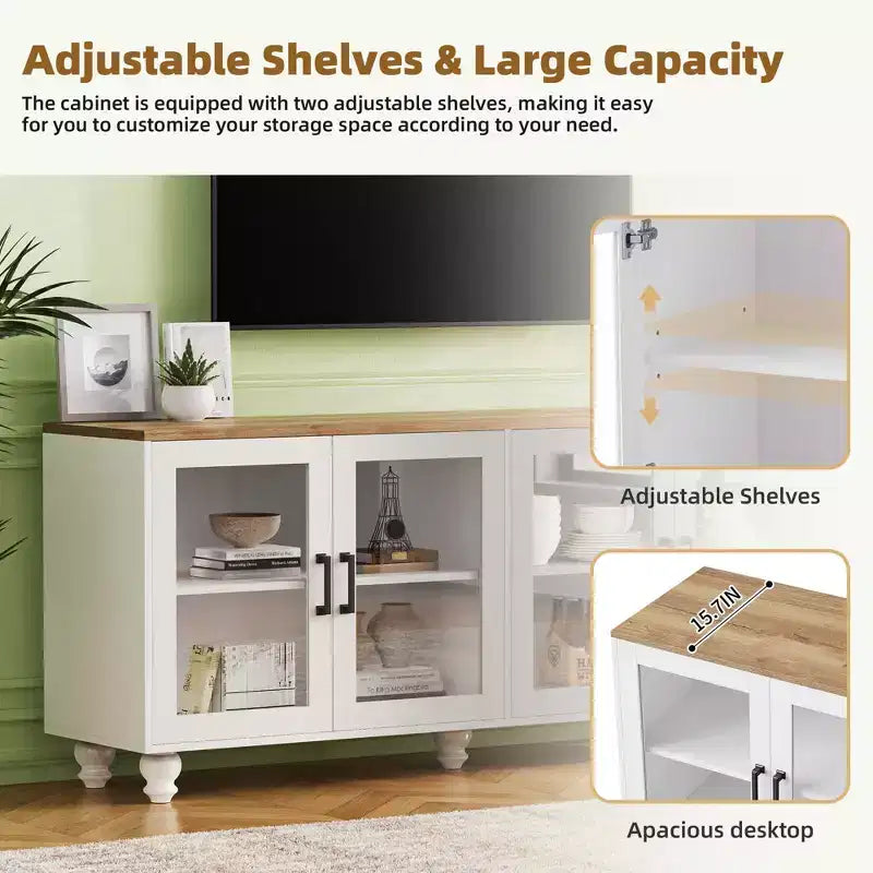 MAYEERTY White Farmhouse TV Stand, Gourd Leg Media Console with Tempered Glass Doors for 70 TVs