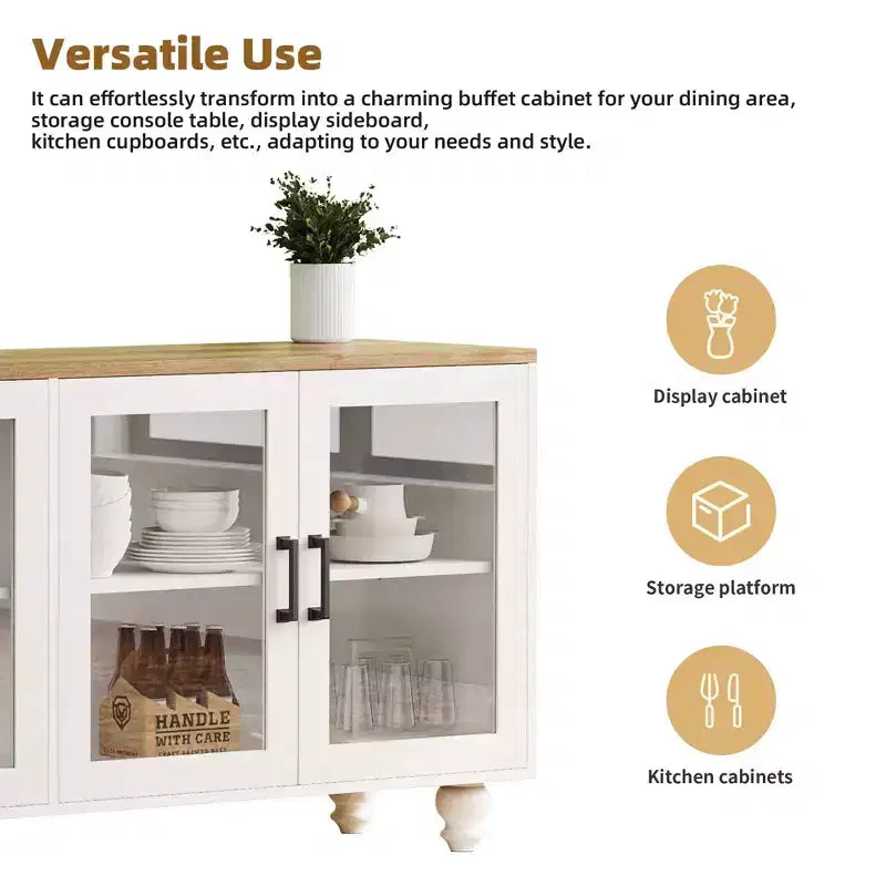 MAYEERTY White Farmhouse TV Stand, Gourd Leg Media Console with Tempered Glass Doors for 70 TVs