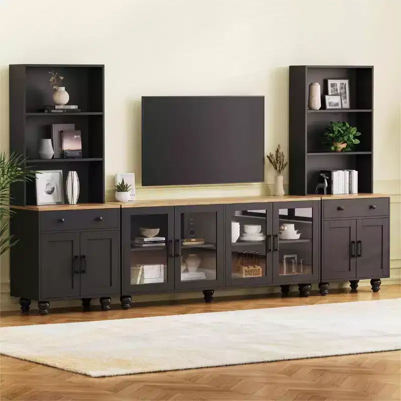 MAYEERTY White Farmhouse TV Stand, Gourd Leg Media Console with Tempered Glass Doors for 70 TVs