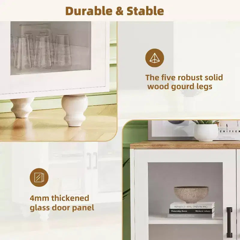 MAYEERTY White Farmhouse TV Stand, Gourd Leg Media Console with Tempered Glass Doors for 70 TVs