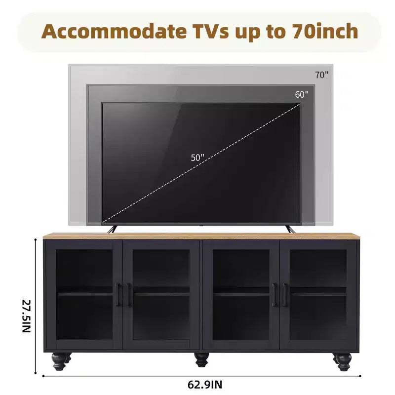 MAYEERTY White Farmhouse TV Stand, Gourd Leg Media Console with Tempered Glass Doors for 70 TVs