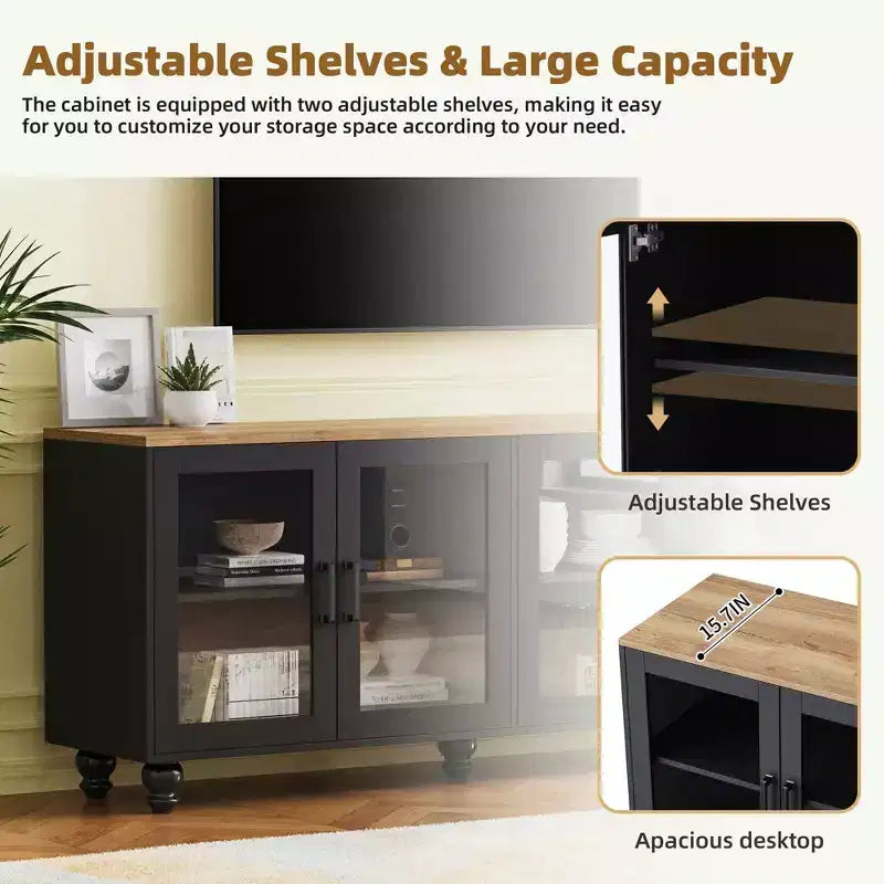 MAYEERTY White Farmhouse TV Stand, Gourd Leg Media Console with Tempered Glass Doors for 70 TVs
