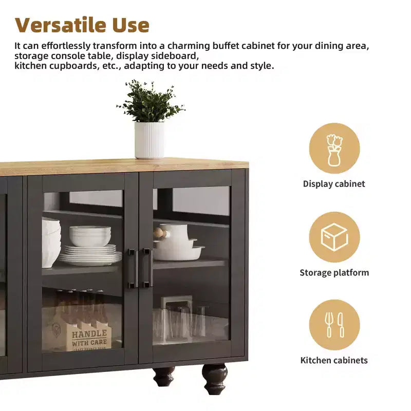MAYEERTY White Farmhouse TV Stand, Gourd Leg Media Console with Tempered Glass Doors for 70 TVs