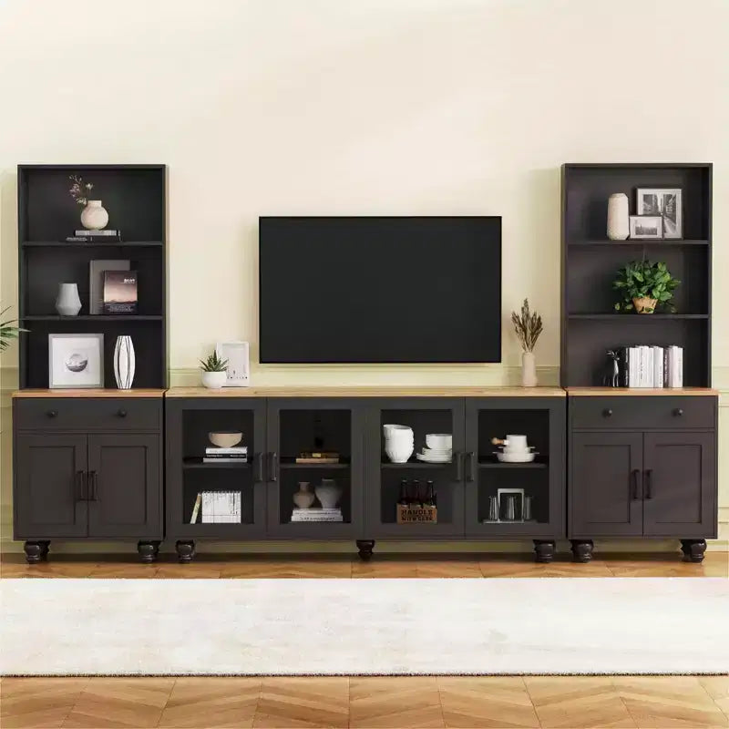 MAYEERTY White Farmhouse TV Stand, Gourd Leg Media Console with Tempered Glass Doors for 70 TVs