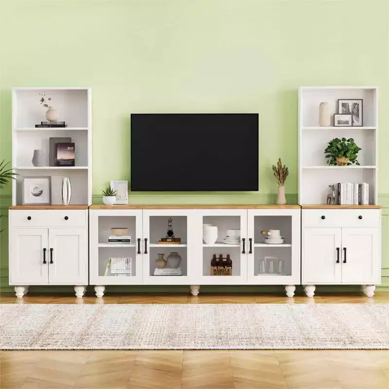 MAYEERTY White Farmhouse TV Stand, Gourd Leg Media Console with Tempered Glass Doors for 70 TVs