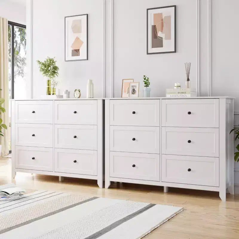 6 Chest of Drawer Dresser 2pcs , Deep Drawers Nickel Round Handle, Wood Organizer with Ample Storage Space for Bedroom, Living Room, Entryway, White