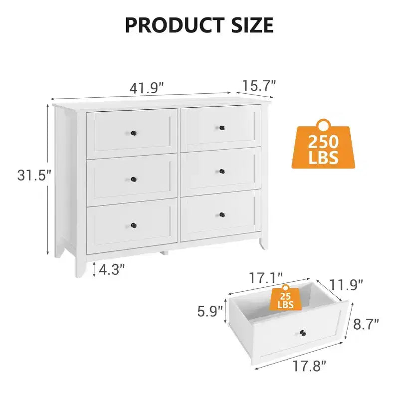 6 Chest of Drawer Dresser 2pcs , Deep Drawers Nickel Round Handle, Wood Organizer with Ample Storage Space for Bedroom, Living Room, Entryway, White