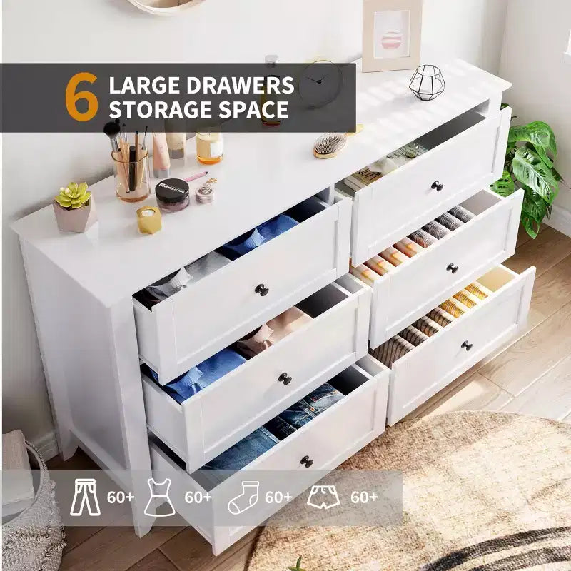 6 Chest of Drawer Dresser 2pcs , Deep Drawers Nickel Round Handle, Wood Organizer with Ample Storage Space for Bedroom, Living Room, Entryway, White