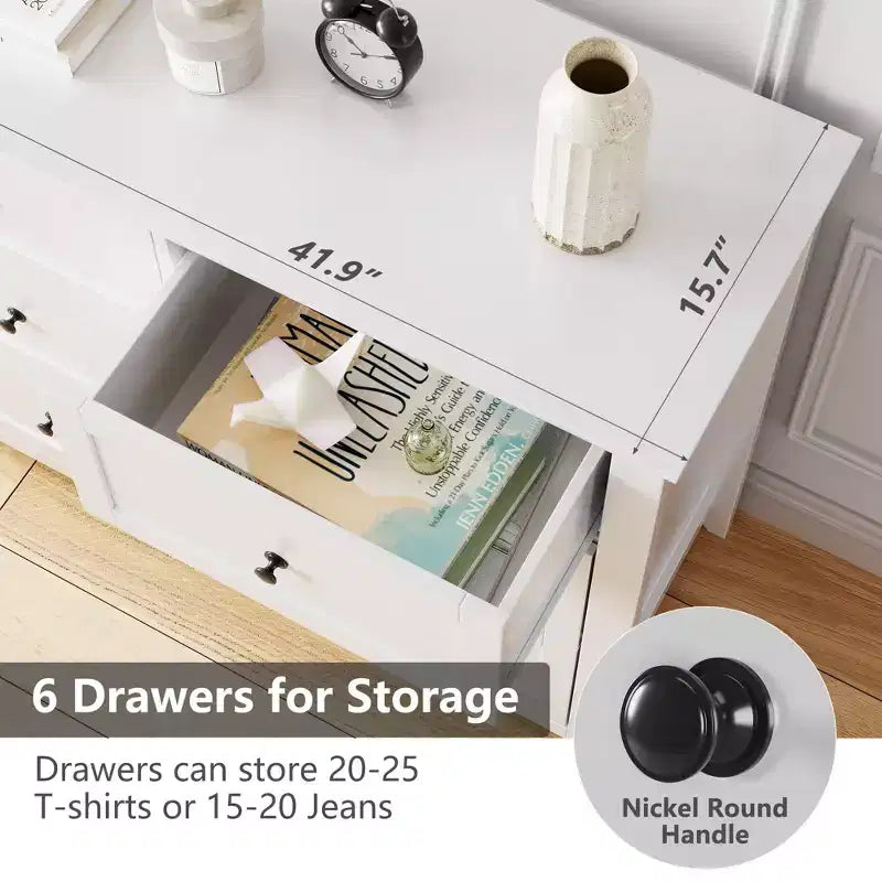 6 Chest of Drawer Dresser 2pcs , Deep Drawers Nickel Round Handle, Wood Organizer with Ample Storage Space for Bedroom, Living Room, Entryway, White