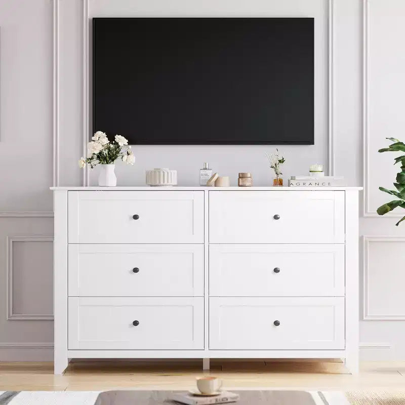6 Chest of Drawer Dresser 2pcs , Deep Drawers Nickel Round Handle, Wood Organizer with Ample Storage Space for Bedroom, Living Room, Entryway, White