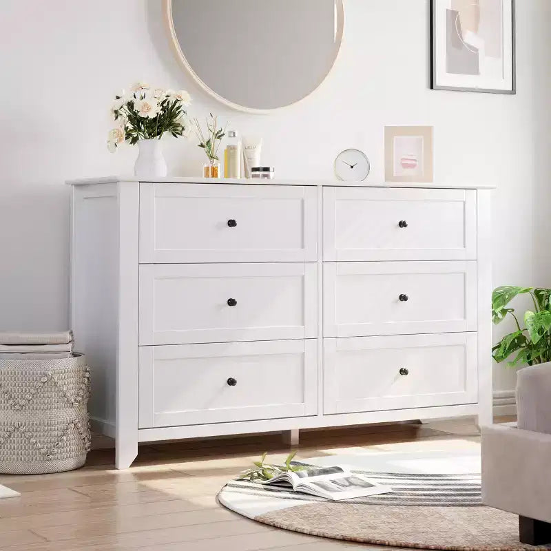 6 Chest of Drawer Dresser 2pcs , Deep Drawers Nickel Round Handle, Wood Organizer with Ample Storage Space for Bedroom, Living Room, Entryway, White