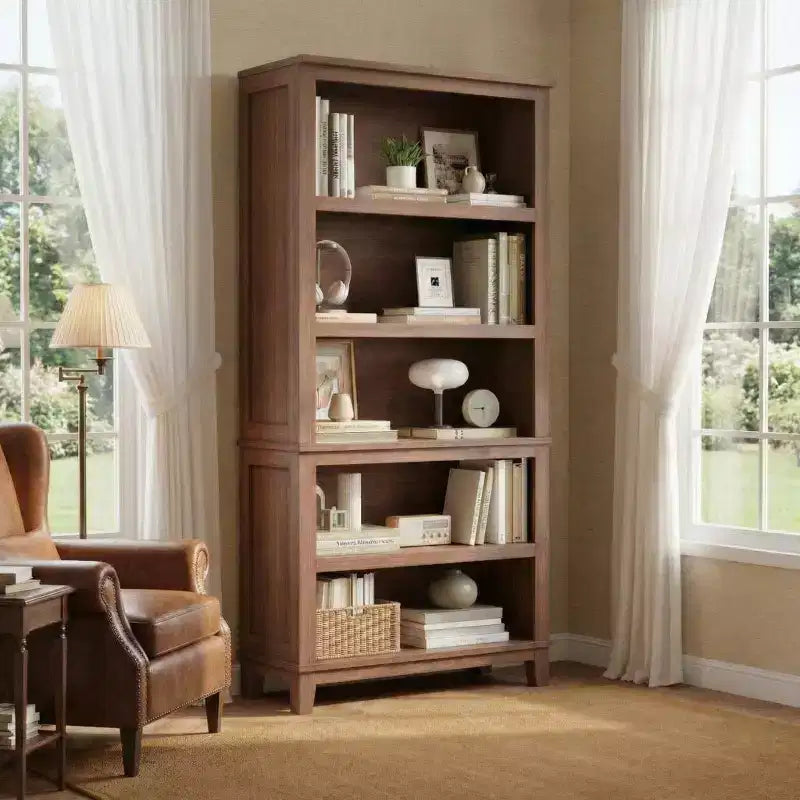 71 Farmhouse Bookshelf, 5-Tier Tall Bookcase with Adjustable Shelves & Wood Legs, Rustic Storage Shelf for Living Room & Office