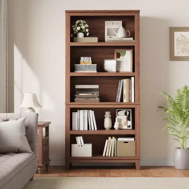 71 Farmhouse Bookshelf, 5-Tier Tall Bookcase with Adjustable Shelves & Wood Legs, Rustic Storage Shelf for Living Room & Office