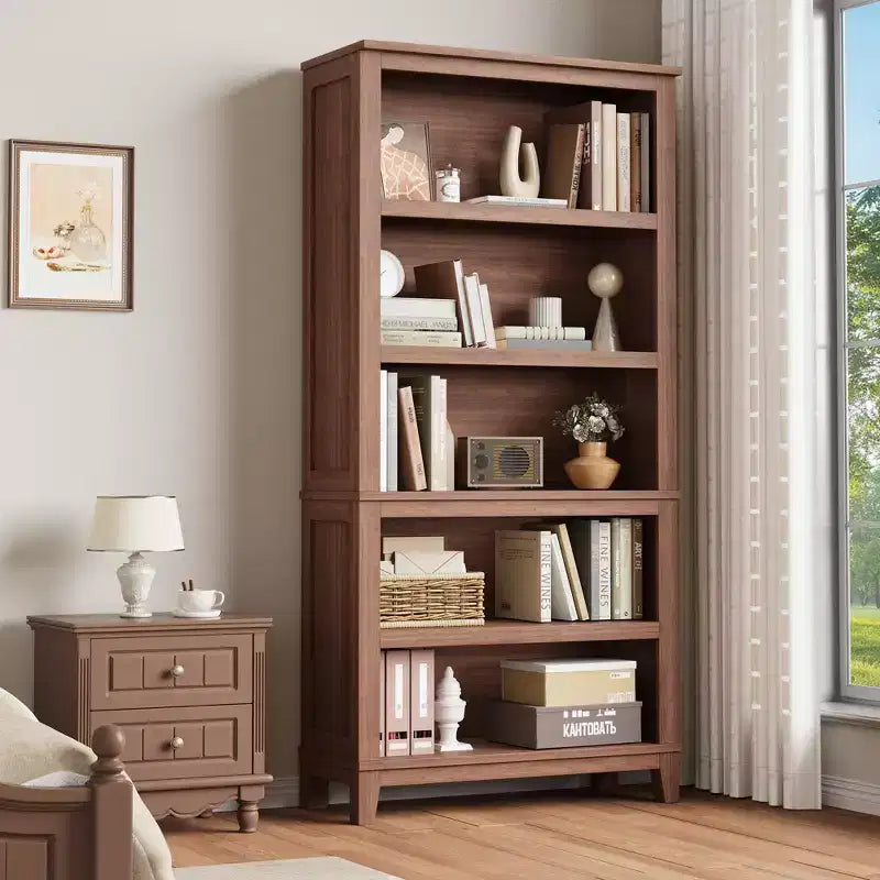 71 Farmhouse Bookshelf, 5-Tier Tall Bookcase with Adjustable Shelves & Wood Legs, Rustic Storage Shelf for Living Room & Office