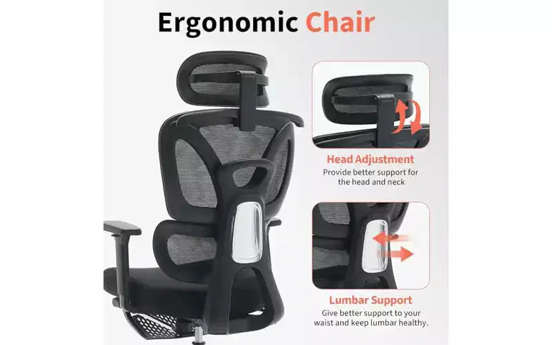 Ergonomic Office Chair - Adjustable Headrest, Lumbar Support & 3D Armrests, Wide Seat Computer Desk Chair for Bedroom, Study & Gaming