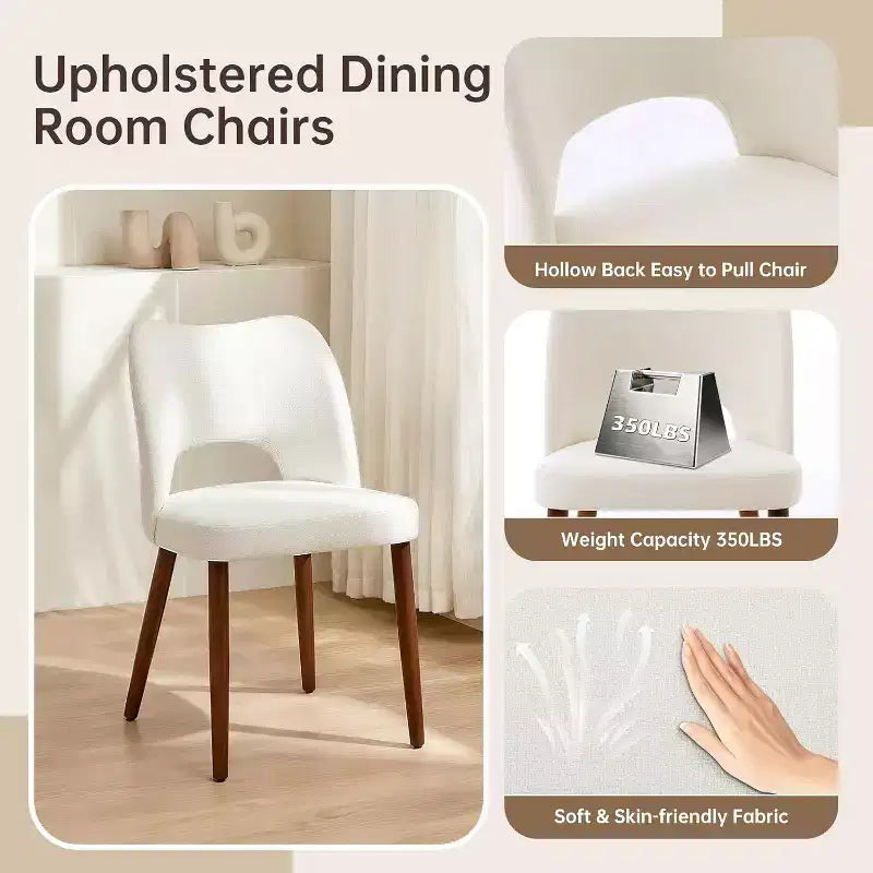 Wood Dining Chairs Set of 2/4/6, Modern Fabric Upholstered Dining Room Chairs with Hollow Back, Rubberwood Legs & Adjustable Foot Pads, White
