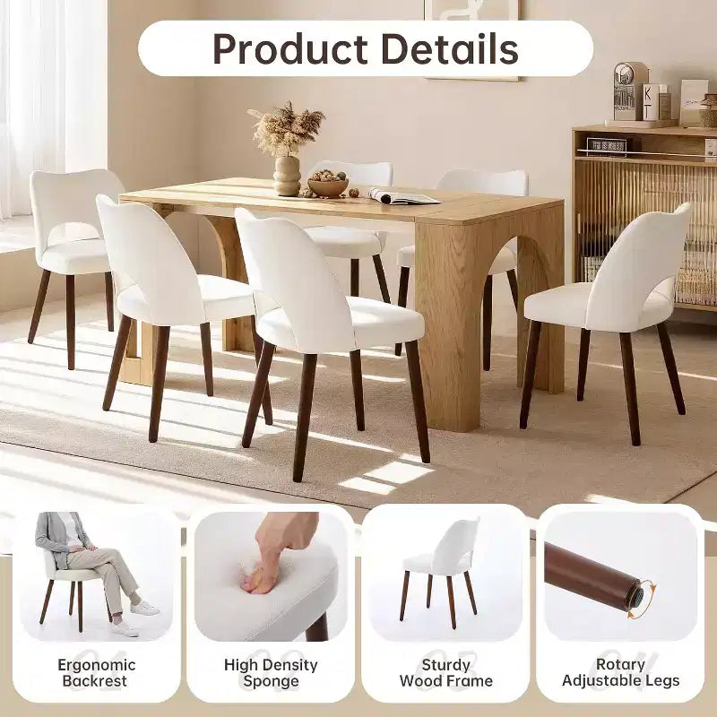 Wood Dining Chairs Set of 2/4/6, Modern Fabric Upholstered Dining Room Chairs with Hollow Back, Rubberwood Legs & Adjustable Foot Pads, White
