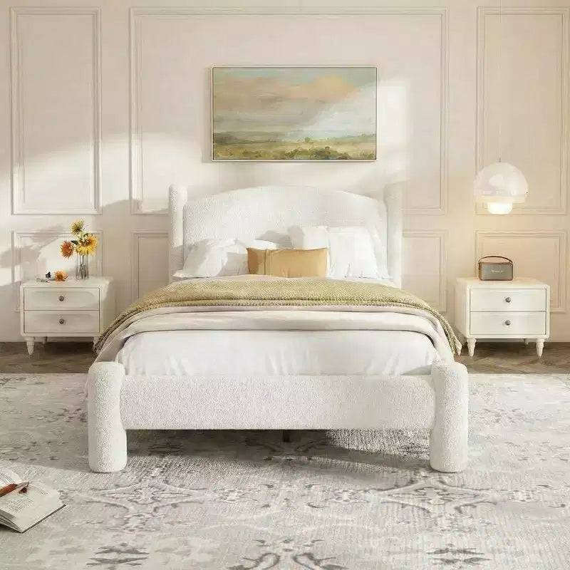 Boucle Bed Frame, Upholstered Platform Cloud Bed with Soft Round Headboard & Cylindrical Legs, Heavy Duty & Noise Free, No Box Spring Needed