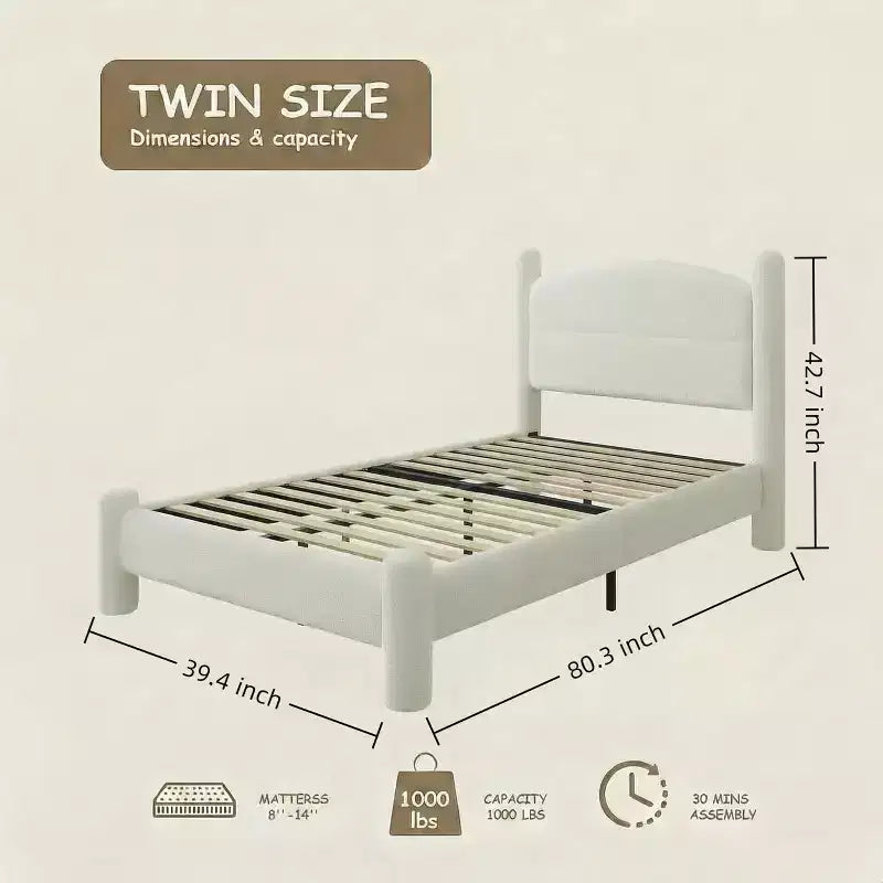 Boucle Bed Frame, Upholstered Platform Cloud Bed with Soft Round Headboard & Cylindrical Legs, Heavy Duty & Noise Free, No Box Spring Needed