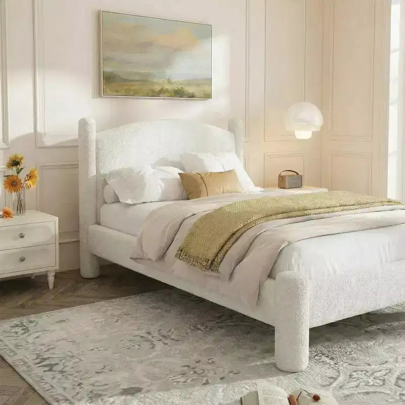 Boucle Bed Frame, Upholstered Platform Cloud Bed with Soft Round Headboard & Cylindrical Legs, Heavy Duty & Noise Free, No Box Spring Needed