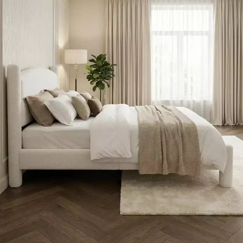 Boucle Bed Frame, Upholstered Platform Cloud Bed with Soft Round Headboard & Cylindrical Legs, Heavy Duty & Noise Free, No Box Spring Needed