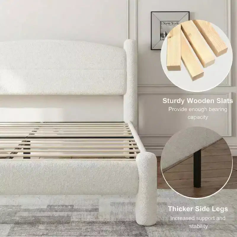 Boucle Bed Frame, Upholstered Platform Cloud Bed with Soft Round Headboard & Cylindrical Legs, Heavy Duty & Noise Free, No Box Spring Needed