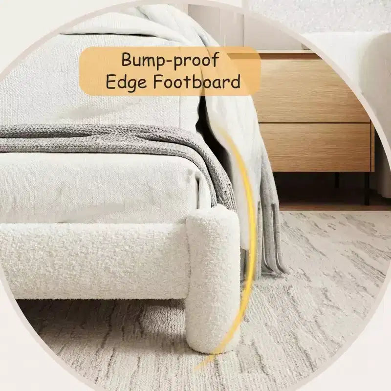 Boucle Bed Frame, Upholstered Platform Cloud Bed with Soft Round Headboard & Cylindrical Legs, Heavy Duty & Noise Free, No Box Spring Needed