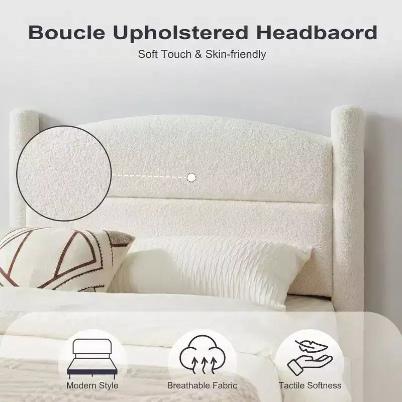 Boucle Bed Frame, Upholstered Platform Cloud Bed with Soft Round Headboard & Cylindrical Legs, Heavy Duty & Noise Free, No Box Spring Needed