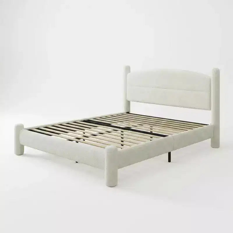 Boucle Bed Frame, Upholstered Platform Cloud Bed with Soft Round Headboard & Cylindrical Legs, Heavy Duty & Noise Free, No Box Spring Needed