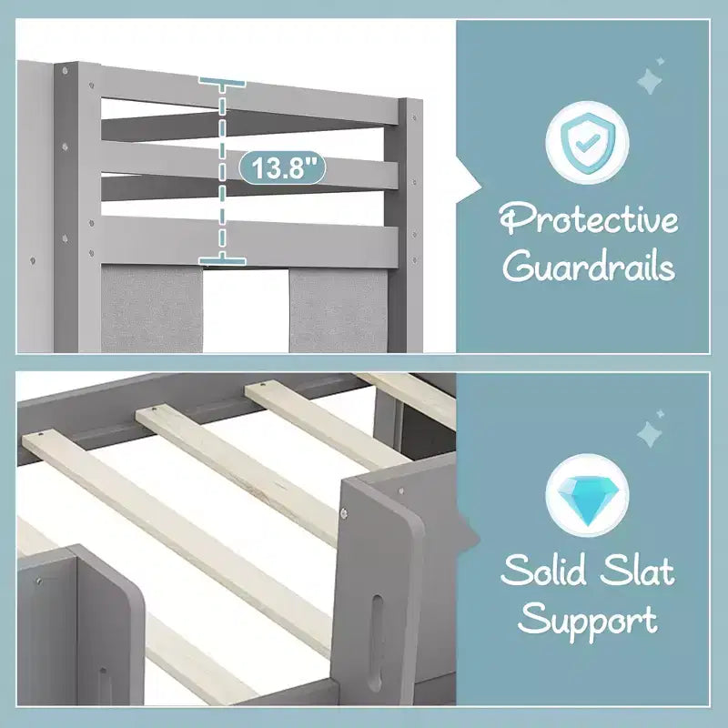 ModernLuxe Twin/Twin XL Low Loft Bed with 3 Storage Drawers & Integrated Bookshelves, Kids Bed with Play Curtain & Chalkboard