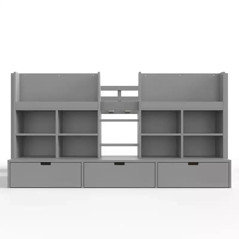 ModernLuxe Twin/Twin XL Low Loft Bed with 3 Storage Drawers & Integrated Bookshelves, Kids Bed with Play Curtain & Chalkboard