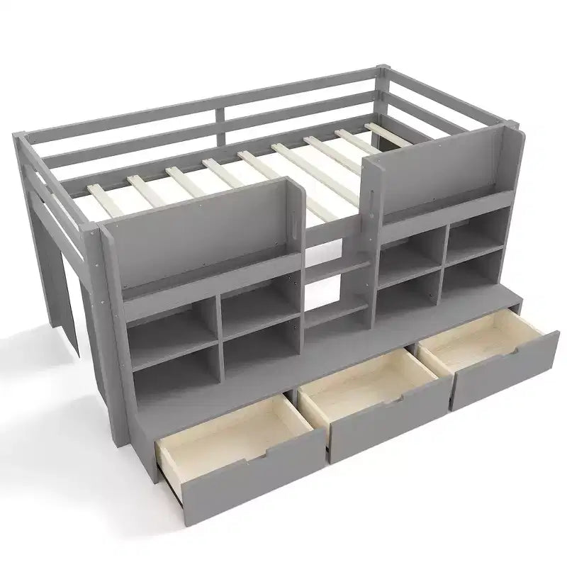 ModernLuxe Twin/Twin XL Low Loft Bed with 3 Storage Drawers & Integrated Bookshelves, Kids Bed with Play Curtain & Chalkboard