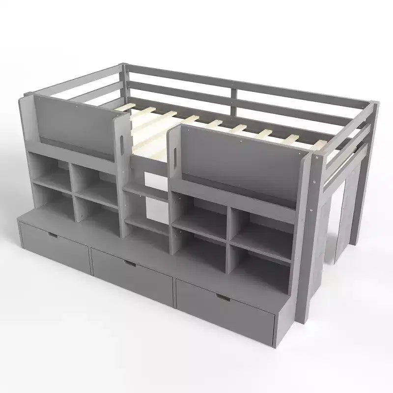 ModernLuxe Twin/Twin XL Low Loft Bed with 3 Storage Drawers & Integrated Bookshelves, Kids Bed with Play Curtain & Chalkboard