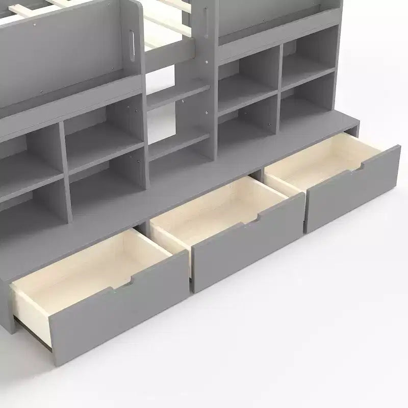 ModernLuxe Twin/Twin XL Low Loft Bed with 3 Storage Drawers & Integrated Bookshelves, Kids Bed with Play Curtain & Chalkboard
