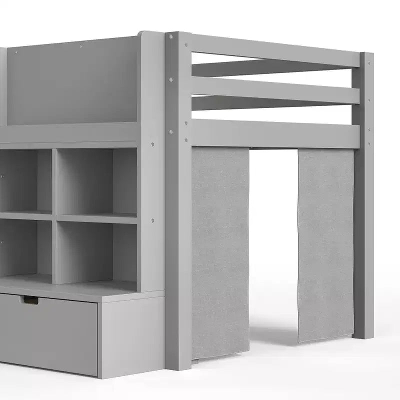ModernLuxe Twin/Twin XL Low Loft Bed with 3 Storage Drawers & Integrated Bookshelves, Kids Bed with Play Curtain & Chalkboard