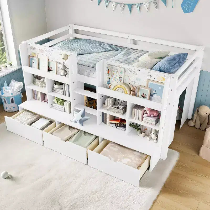 ModernLuxe Twin/Twin XL Low Loft Bed with 3 Storage Drawers & Integrated Bookshelves, Kids Bed with Play Curtain & Chalkboard