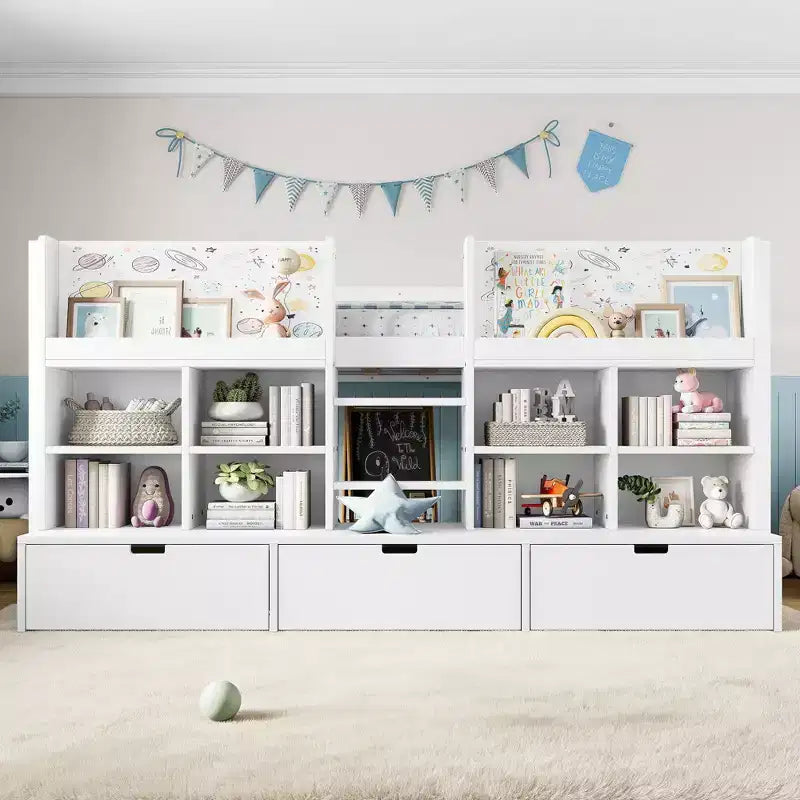 ModernLuxe Twin/Twin XL Low Loft Bed with 3 Storage Drawers & Integrated Bookshelves, Kids Bed with Play Curtain & Chalkboard