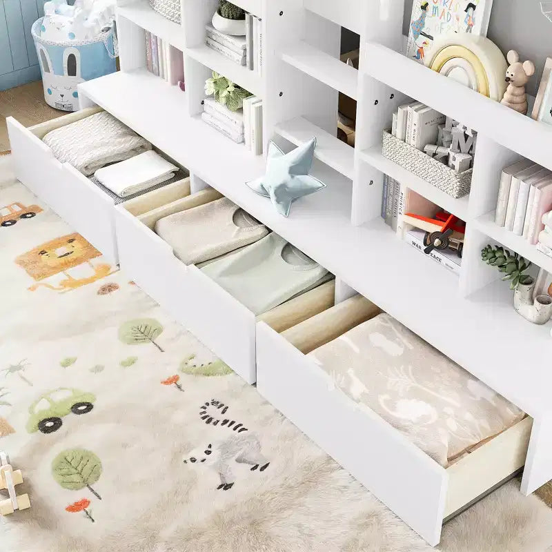 ModernLuxe Twin/Twin XL Low Loft Bed with 3 Storage Drawers & Integrated Bookshelves, Kids Bed with Play Curtain & Chalkboard