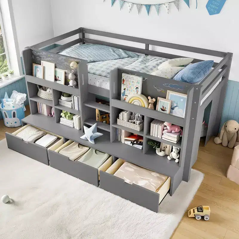 ModernLuxe Twin/Twin XL Low Loft Bed with 3 Storage Drawers & Integrated Bookshelves, Kids Bed with Play Curtain & Chalkboard