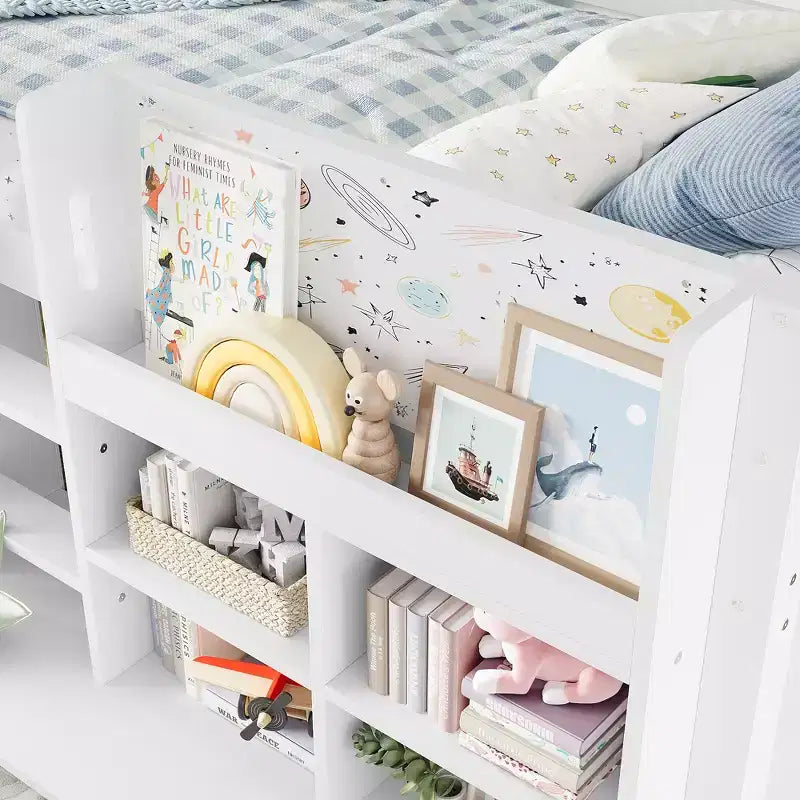 ModernLuxe Twin/Twin XL Low Loft Bed with 3 Storage Drawers & Integrated Bookshelves, Kids Bed with Play Curtain & Chalkboard