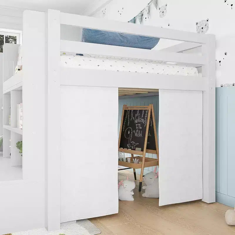 ModernLuxe Twin/Twin XL Low Loft Bed with 3 Storage Drawers & Integrated Bookshelves, Kids Bed with Play Curtain & Chalkboard