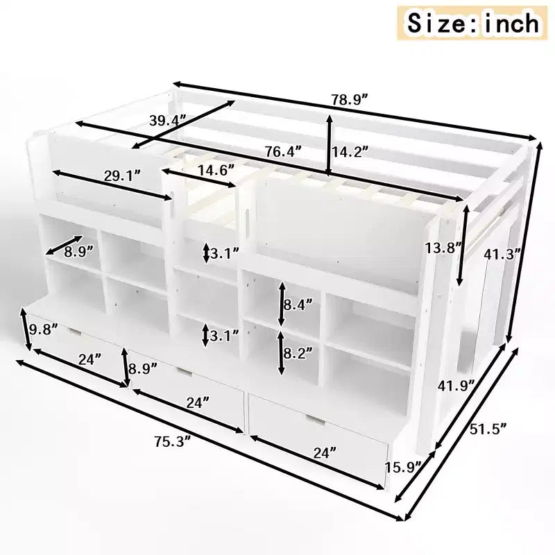 ModernLuxe Twin/Twin XL Low Loft Bed with 3 Storage Drawers & Integrated Bookshelves, Kids Bed with Play Curtain & Chalkboard