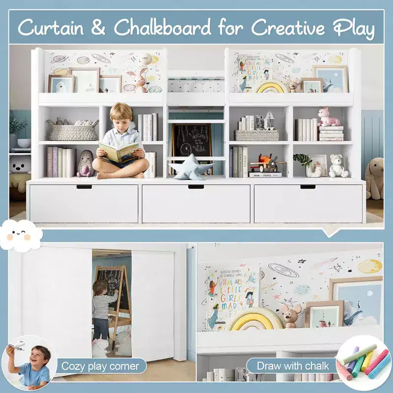 ModernLuxe Twin/Twin XL Low Loft Bed with 3 Storage Drawers & Integrated Bookshelves, Kids Bed with Play Curtain & Chalkboard