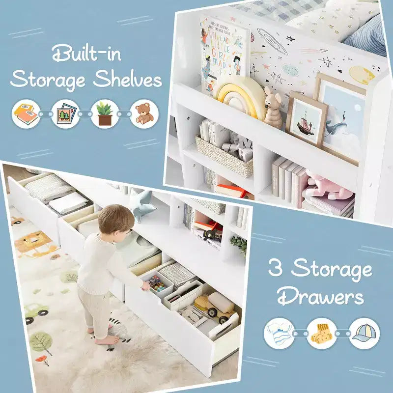 ModernLuxe Twin/Twin XL Low Loft Bed with 3 Storage Drawers & Integrated Bookshelves, Kids Bed with Play Curtain & Chalkboard