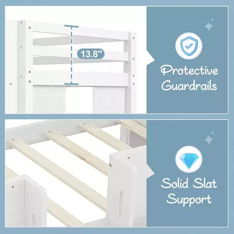 ModernLuxe Twin/Twin XL Low Loft Bed with 3 Storage Drawers & Integrated Bookshelves, Kids Bed with Play Curtain & Chalkboard