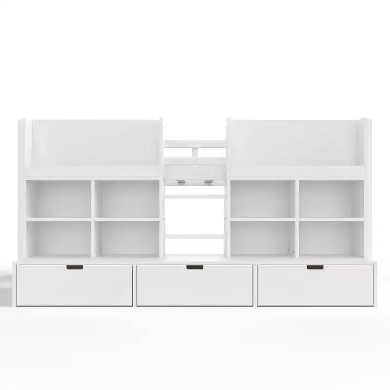 ModernLuxe Twin/Twin XL Low Loft Bed with 3 Storage Drawers & Integrated Bookshelves, Kids Bed with Play Curtain & Chalkboard
