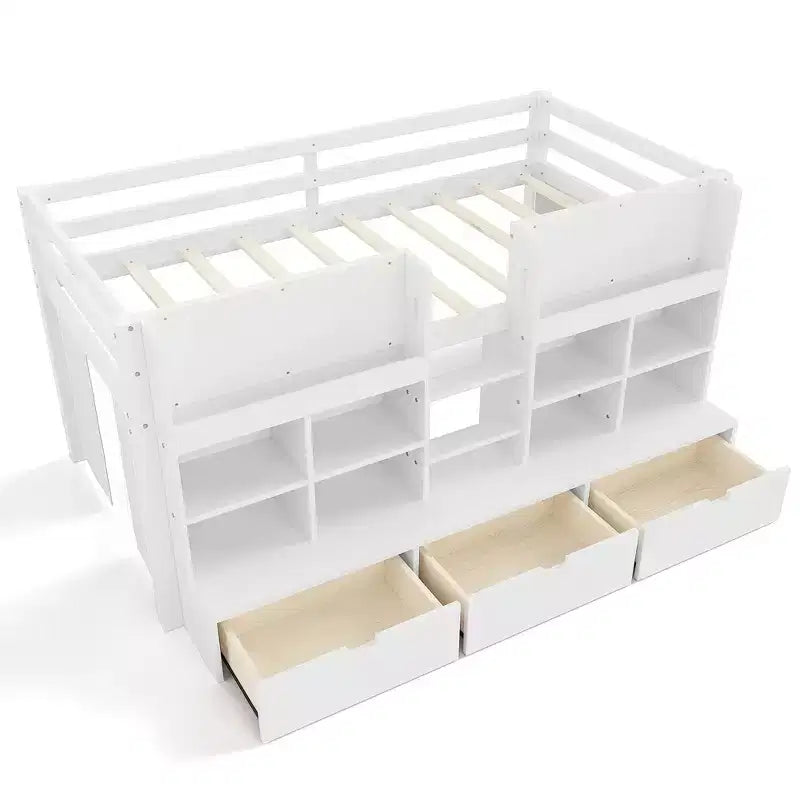 ModernLuxe Twin/Twin XL Low Loft Bed with 3 Storage Drawers & Integrated Bookshelves, Kids Bed with Play Curtain & Chalkboard